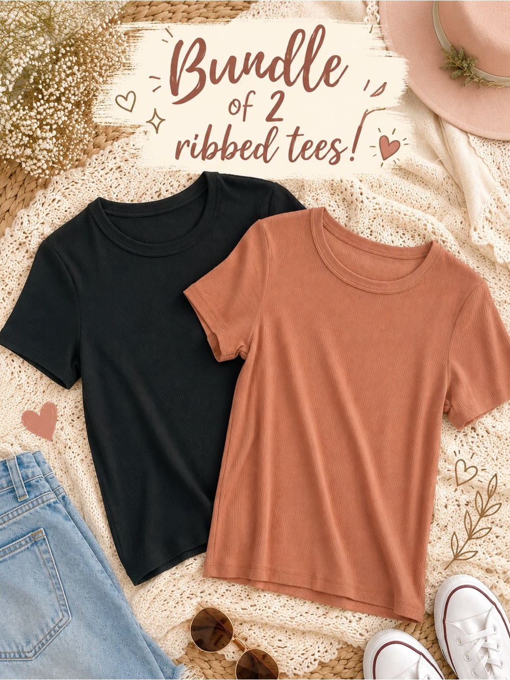 🌿 A New Day Ribbed Tee Bundle of 2 Medium Green & Terracotta cotton modal spandx